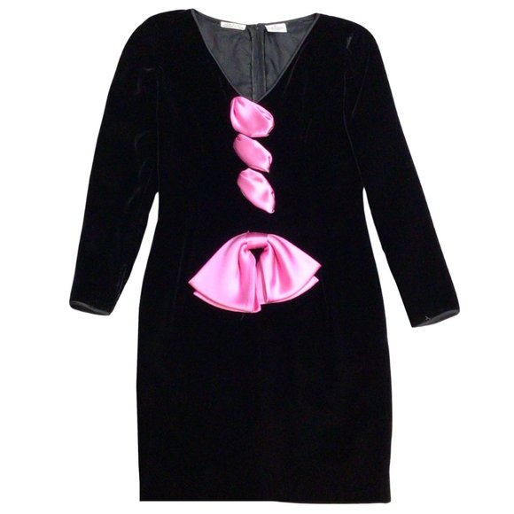 VALENTINO BOUTIQUE VINTAGE BLACK / PINK SATIN BOW DETAIL LONG SLEEVED V-NECK VEL - Picture 1 of 4